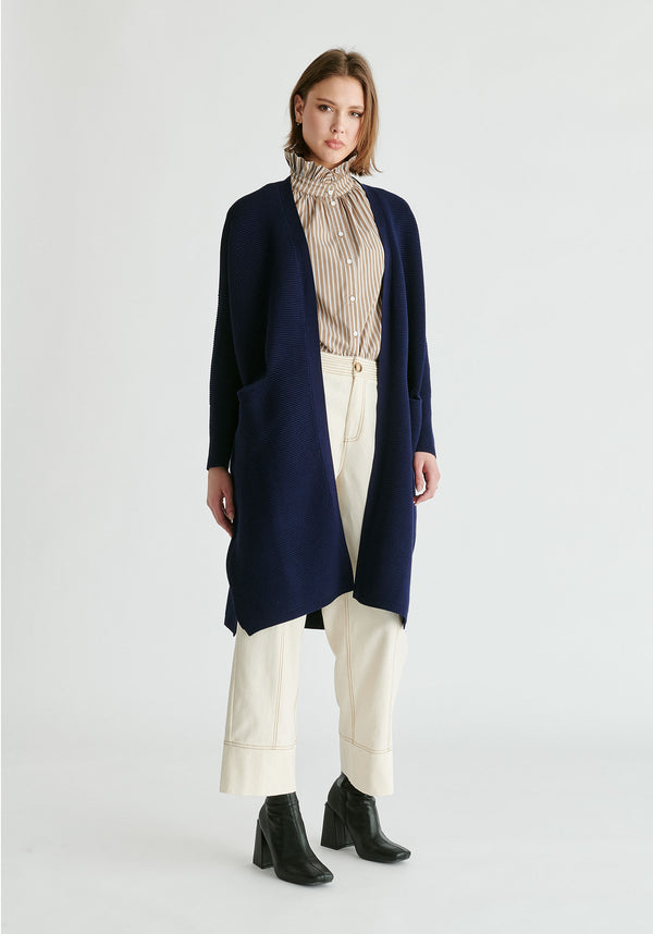 Paisie Long Ribbed Cardigan in Navy Front